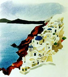 Town of Ia, Santorini - watercolor gouache